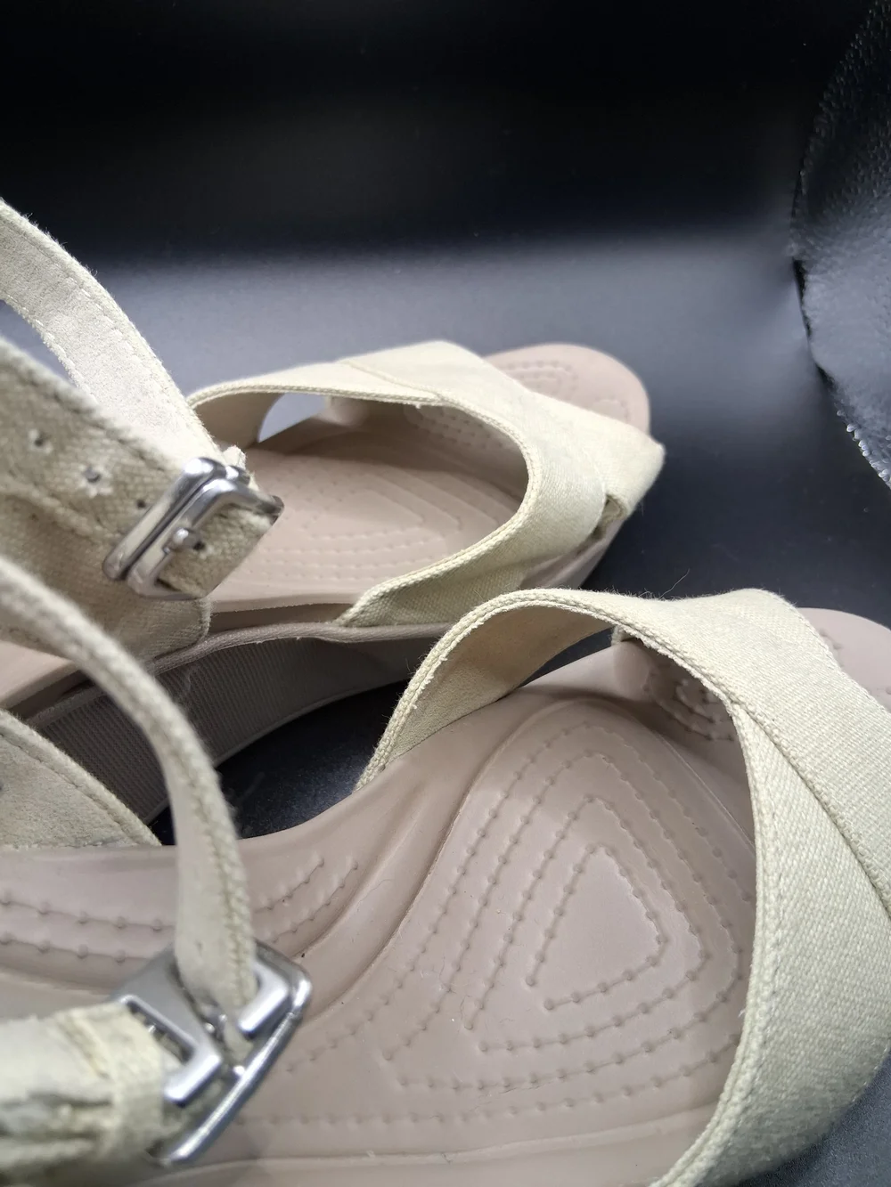 CROCS Cream Canvas Wedge Sandals with Ankle Strap - Picture 11 of 11